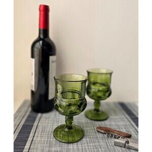 Vintage Goblets MCM Indiana Glass-Kings Crown Thumbprint - Green 5.5"- Set of 2